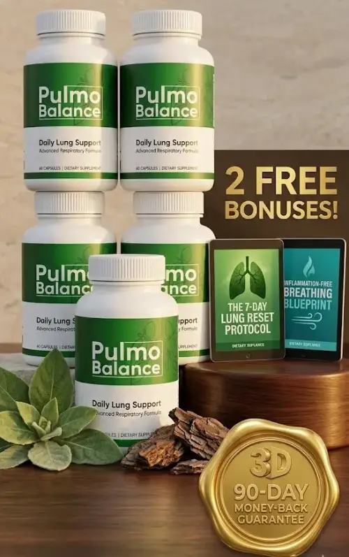 Pulmo Balance natural lung support supplement bottle for healthy breathing